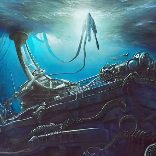 Image similar to 2 0, 0 0 0 leagues under the sea, artstation hall of fame gallery, editors choice, # 1 digital painting of all time, most beautiful image ever created, emotionally evocative, greatest art ever made, lifetime achievement magnum opus masterpiece, the most amazing breathtaking image with the deepest message ever painted, a thing of beauty beyond imagination or words