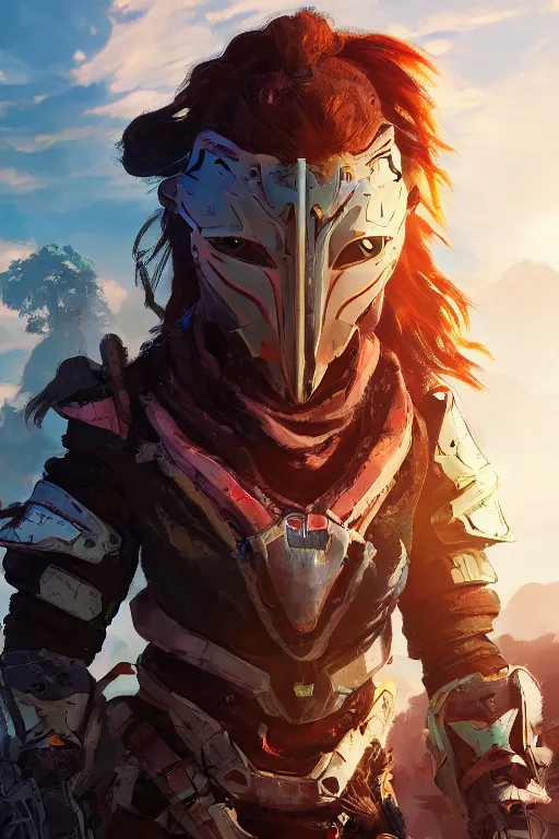 Image similar to combination suit armor aloy horizon forbidden west horizon zero dawn radiating a glowing aura global illumination ray tracing hdr fanart arstation by ian pesty and alena aenami artworks in 4 k tribal robot ninja mask helmet backpack