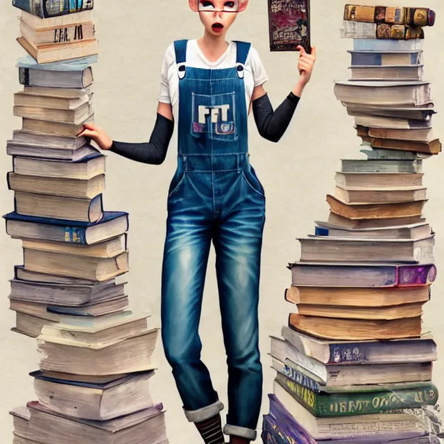 Image similar to full body pose, beautiful adult fairy, pixar, short white hair shaved sides, dirty, grungy, grunge, long sleeve, painted overalls, stacks of giant books, highly detailed, 4 k, hdr, smooth, sharp focus, high resolution, award - winning photo, artgerm, photorealistic