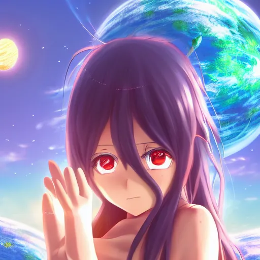 Image similar to An anime girl holding and terraforming a planet on her hands, wide-shot, high detail, 4k, digital art, artstation, 8k, very detailed, 85mm