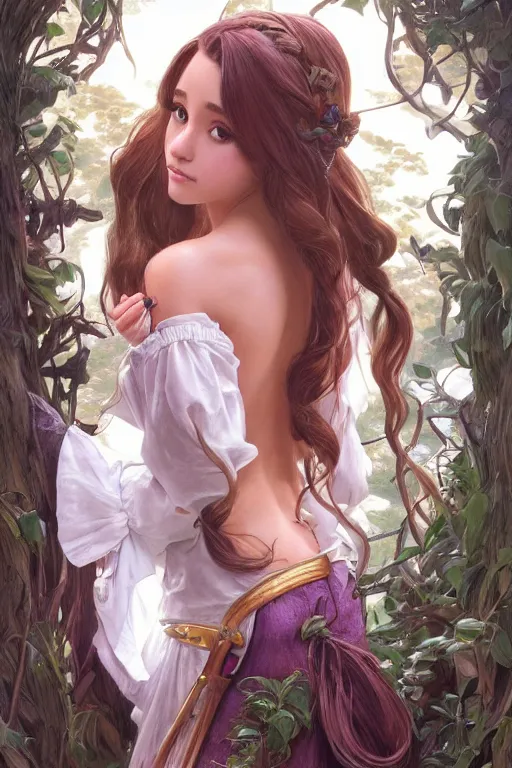 Prompt: beautiful cottagecore Ariana Grande holding a ff94b5 plum, ff94b5 hair, intricate, elegant, highly detailed, digital painting, artstation, concept art, smooth, sharp, focus, illustration, art by artgerm and greg rutkowski and alphonse mucha