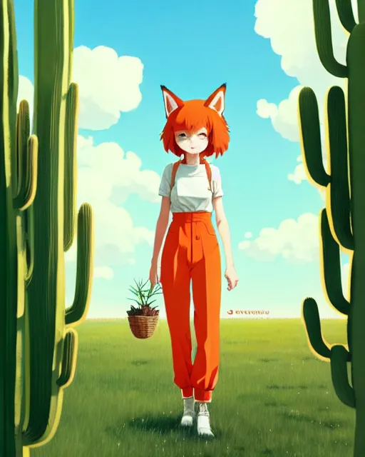 Image similar to portrait of cute redhead foxgirl in orange jumpsuit with fox ears by ilya kuvshinov, holding a cactus, cloudy sky background lush landscape illustration concept art anime key visual trending pixiv fanbox by wlop and greg rutkowski and makoto shinkai and studio ghibli