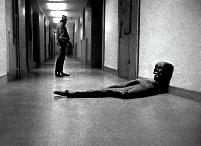 Image similar to disturbing 1 9 7 0 photography of headless corpse man standing in the middle of a corridor horror film practical fx directed by dario argento