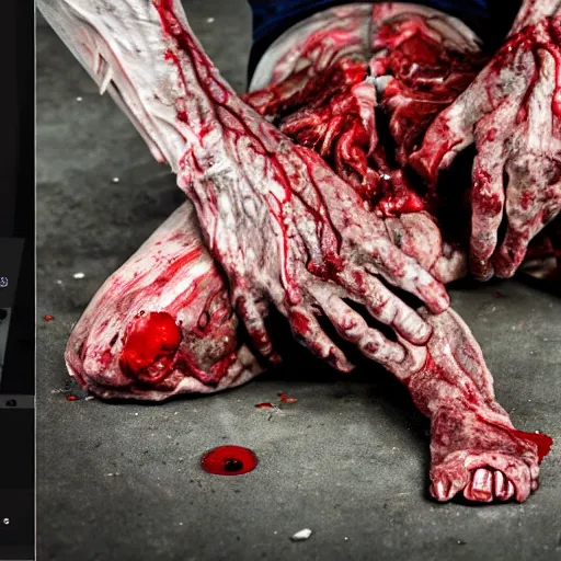 Prompt: an 8 k uhd digital photo of a zombie with crumpled on the bathroom floor showing raw elbows and bent knees and flesh and meat and tendon