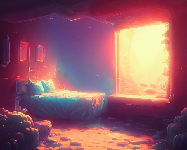 Prompt: underwater coral reef bedroom, bubbles, radiant light, fantasy art by alena aenami and greg rutkowski, artstation, pixiv, deviantart