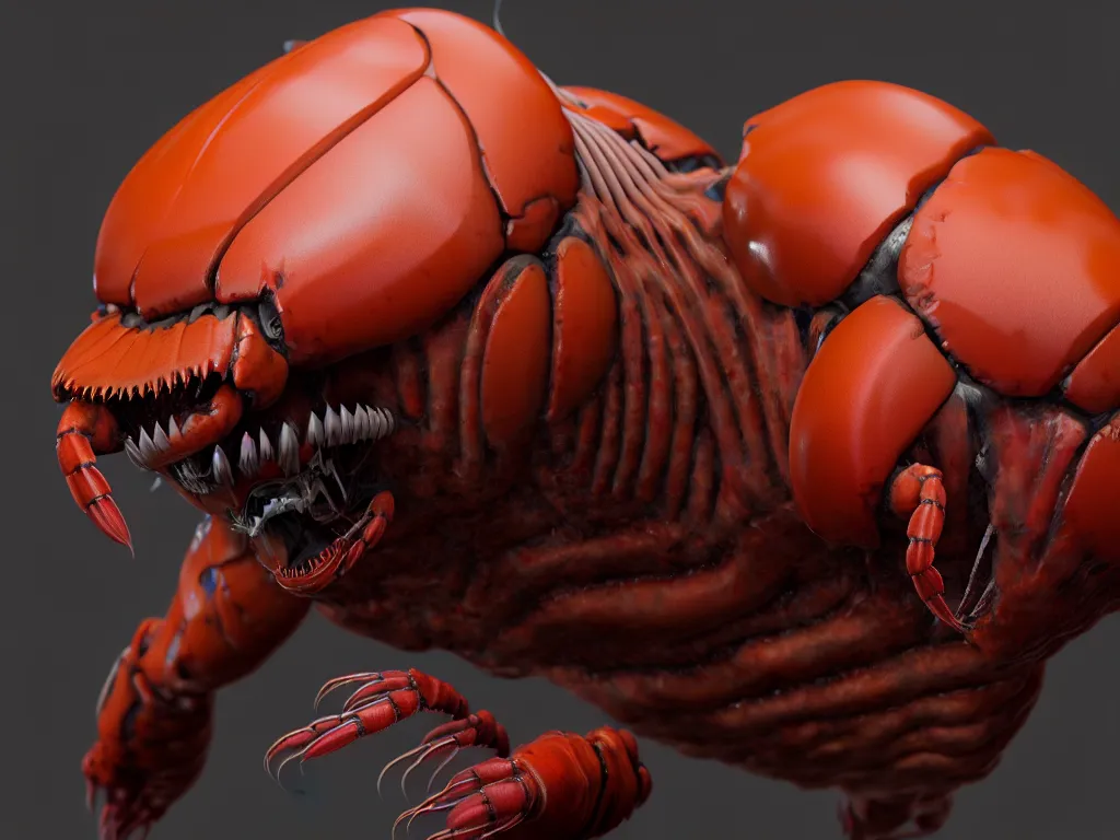 Image similar to doom, crustacean, isopod, muscular body, chiroptera head, chiroptera ears, big sharp teeth, hyperrealism, artstation, cgsociety, zbrush, no background