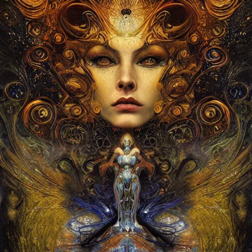 Prompt: Divine Chaos Engine by Karol Bak, Jean Deville, Gustav Klimt, and Vincent Van Gogh, beautiful visionary mystical portrait, otherworldly, fractal structures, ornate gilded medieval icon, third eye, spirals