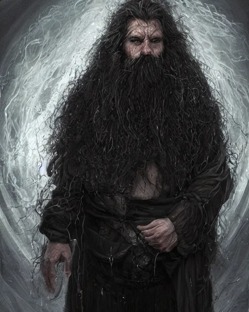 Image similar to portrait of a 6 0 - year - old giant man with long tangles of bushy black hair and beard hiding most of his face, wearing in black cloak, hyper realistic face, beautiful eyes, character art, art by mark brooks, hyperdetailed, cryengine, trending on artstation, digital art