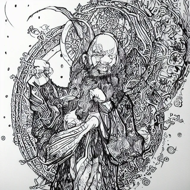 Prompt: black micron pen illustration, a wizard pondering an orb, white background, inktober, highly detailed, artstation hd