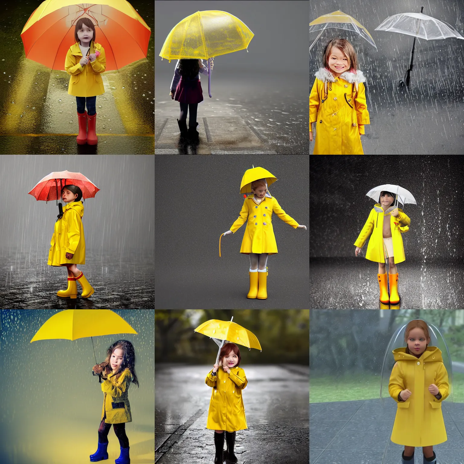 A little girl in a yellow raincoat and rain boots Stable Diffusion