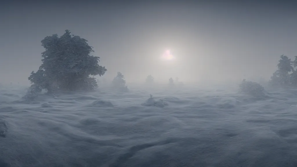 Image similar to A dreamlike barren snow-covered landscape on a fantastical alien planet, fog, god rays, cinematic lighting, photorealistic, hyperdetailed 3D matte painting, hyperrealism, hyperrealistic, 8k ultraHD octane render