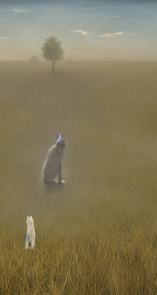 Image similar to a transparent!!! ghostly cat in the steppe, summer field, misty background, from the game pathologic 2, highly detailed, sharp focus, matte painting, by isaac levitan and asher brown durand,