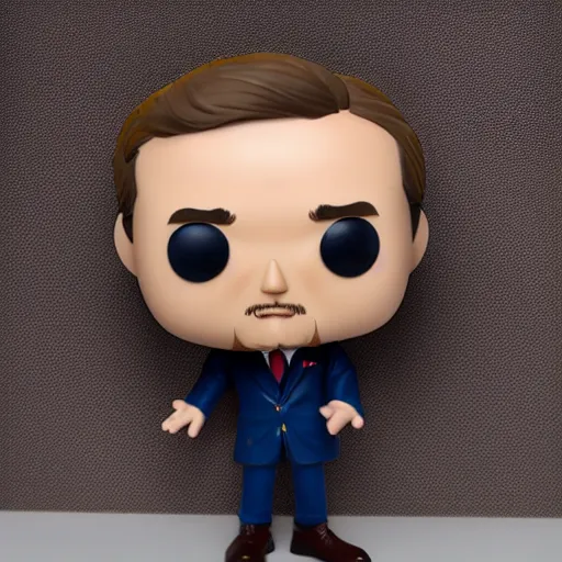 Image similar to Funko Pop doll of Emmanuel Macron taken in a light box with studio lighting, some background blur