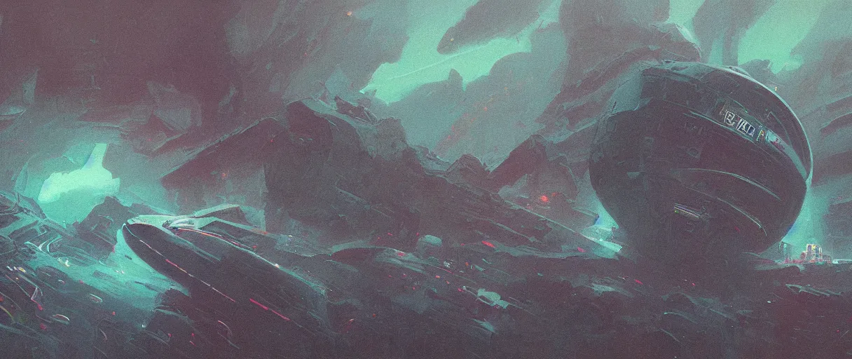 Image similar to (((neon palette))), humanity industrial!!! spaceship!!, deep space exploration!!!, ridley scott universe, mysterious, ultrarealistic, illustrative!!, apparently brush strokes, cinematic lighting, 4k, wide angle, trending on artstation, beksinski, by moebius