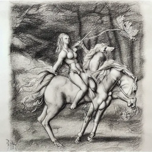 Prompt: “8k pencil drawing of Diana huntress in beautiful forest, Horses in run, intricate in style of Michelangelo and Rubens and Albrecht Durer, hand made paper” - H 768