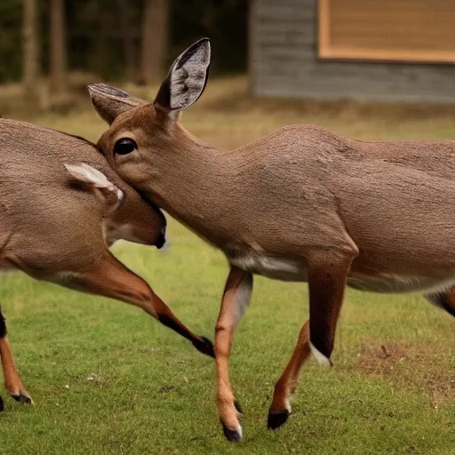 Image similar to cinematic scene of two deer fighting in a house