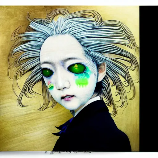 Prompt: yoshitaka amano blurred and dreamy realistic portrait of a woman with white hair and black eyes wearing dress suit with tie with head turned to the side, junji ito abstract patterns in the background, satoshi kon anime, noisy film grain effect, highly detailed, renaissance oil painting, weird portrait angle, blurred lost edges, three quarter angle