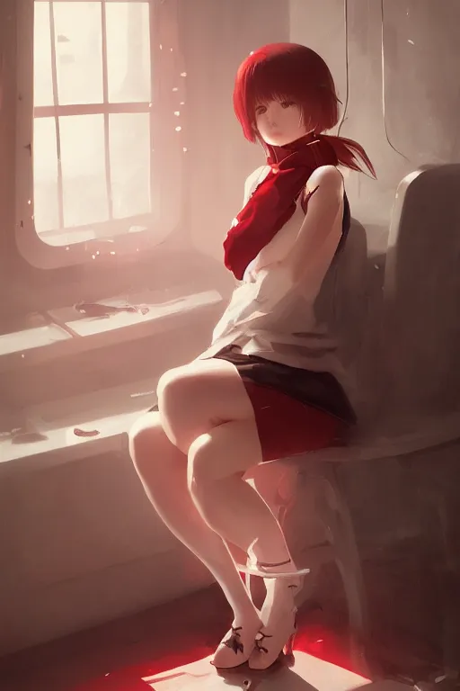 Prompt: a cute young woman sitting in a white bubble chair, cozy setting, red and white, warm lighting, cinematic, moody, nier automata, poster, oil on canvas, in the style of Ilya Kuvshinov, Krenz Cushart, Range Murata, Eero Aarnio, 8k
