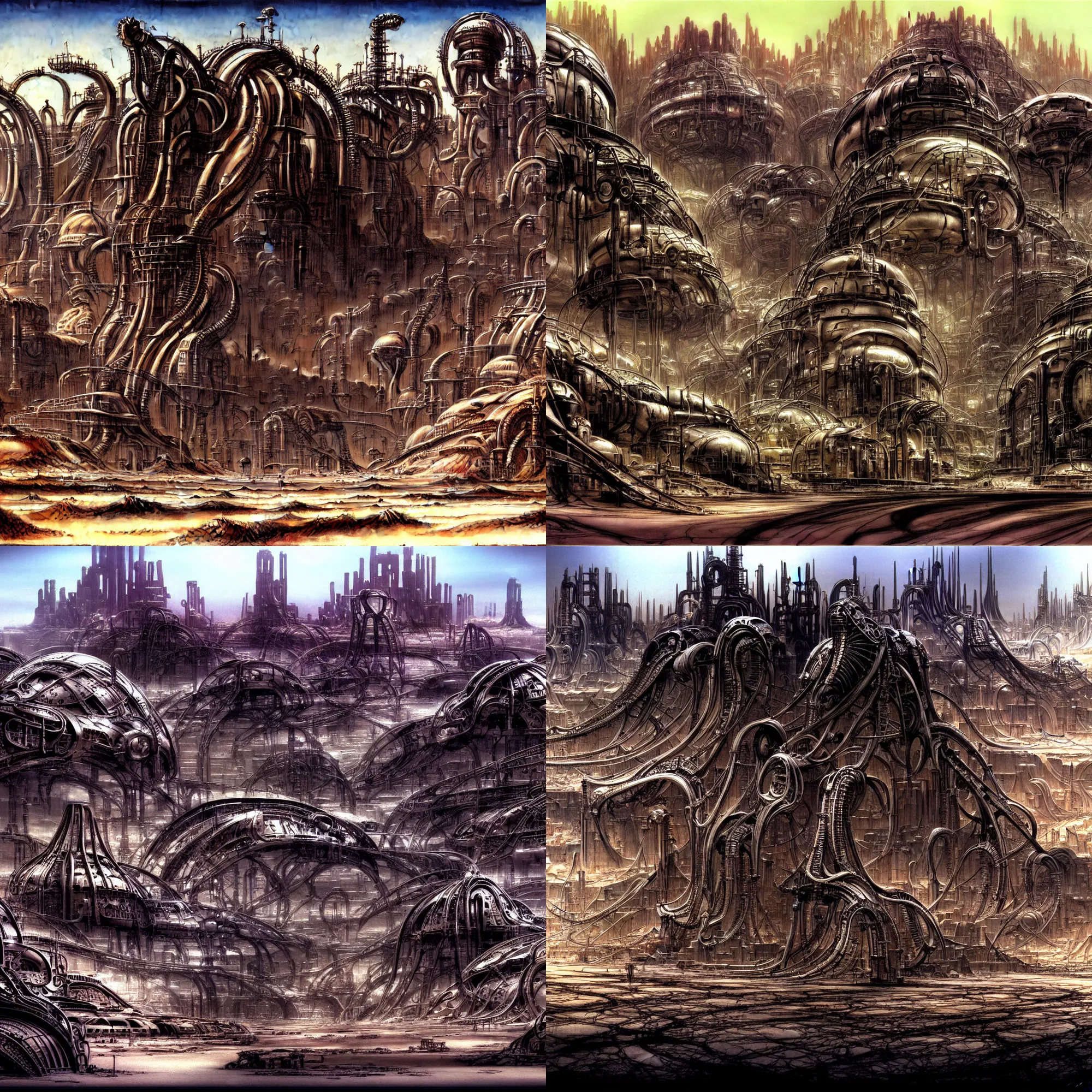 Prompt: industrial city in the desert dune concept art by Yoshitaka Amano and H.R. Giger, featured art