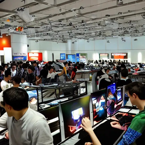 Image similar to gamers playing computers in a exhibition hall filled with many spectators, photorealistic, ultra-detailed, high resolution