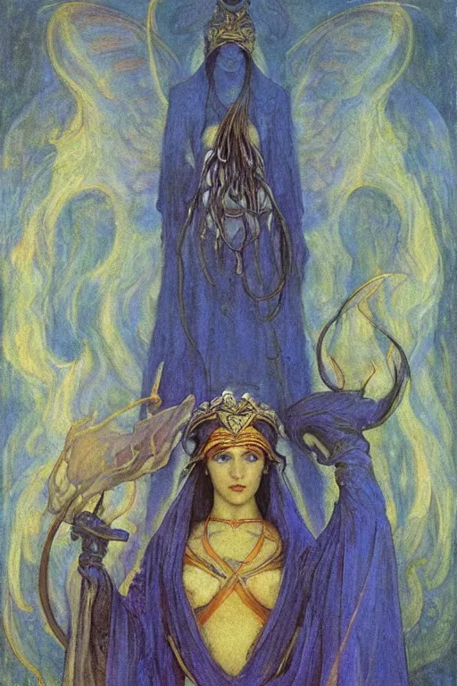 Image similar to queen of the underworld with her lantern by Annie Swynnerton and Nicholas Roerich and jean delville, strong dramatic cinematic lighting , ornate headdress , flowing robes, lost civilizations, smooth, sharp focus, extremely detailed