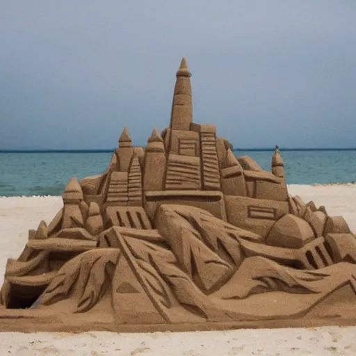 Prompt: a sand sculpture of north korea on the beach