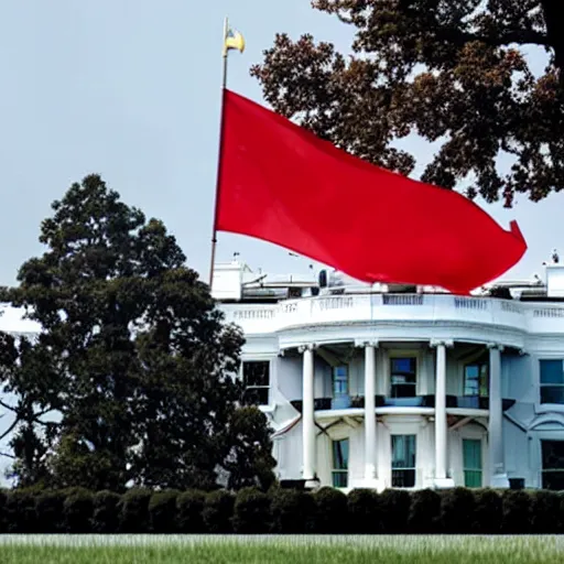 Prompt: photo of red flag waving over White House