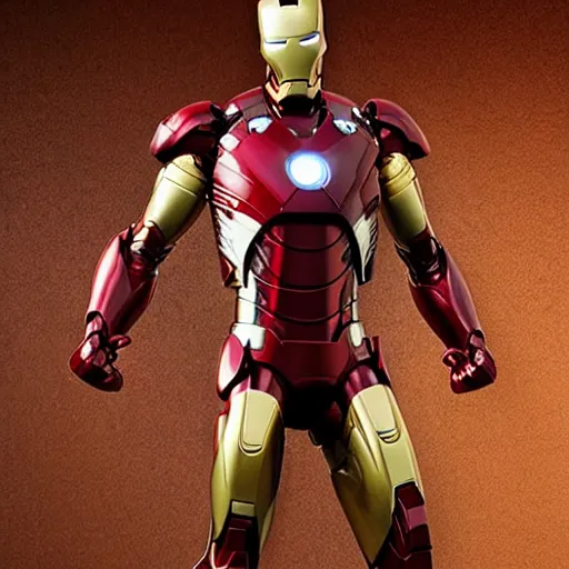 Prompt: close up of Iron man figurine in a dynamic pose on a wooden table, high detail, complex