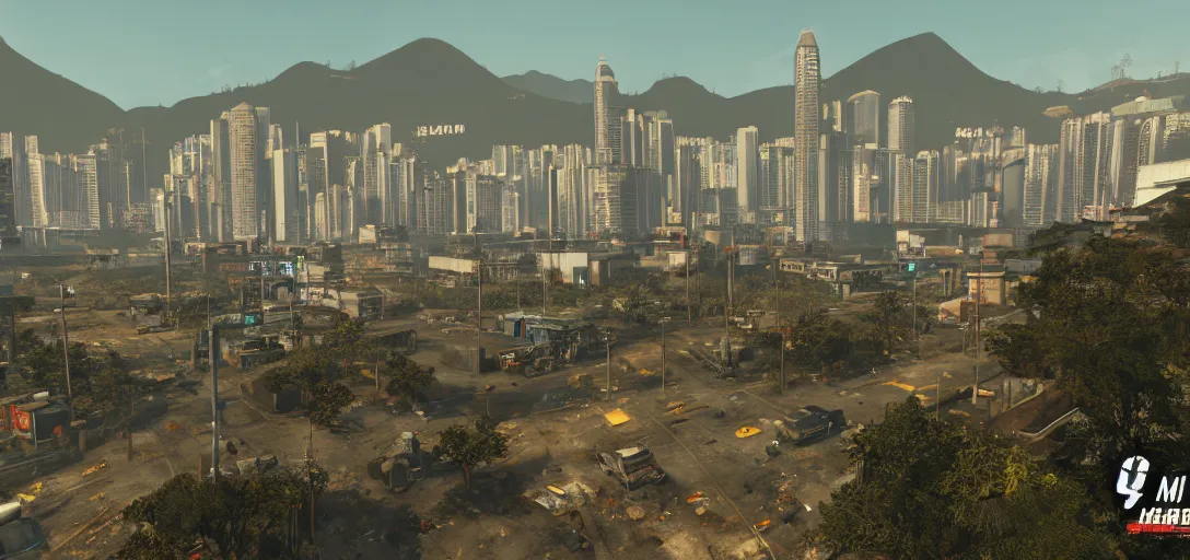 Image similar to Photo of Hong Kong Skyline in Fallout 4 Style, 8K, daytime, very detailed, high quality