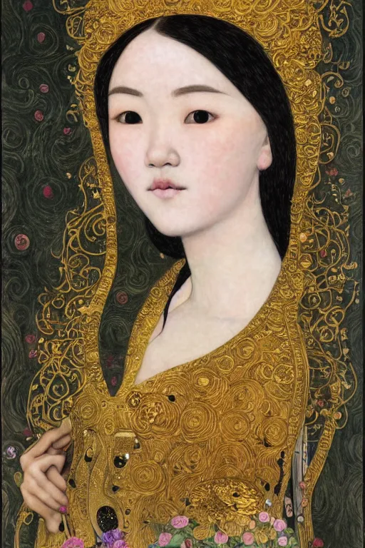 Image similar to portrait of beautiful young asian gothic maiden, highly detailed, artstation, illustration, art by Gustav Klimt
