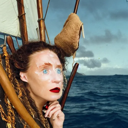 Prompt: a woman throwing up, a beautiful english woman with a long face narrow nose pale skin blue eyes red lips and wild messy tangles of curly white blonde hair leaning over the side of a sailing ship and throwing up, high resolution film still wearing a black robe and skull necklace and holding a spear, sandy, a journey to the west