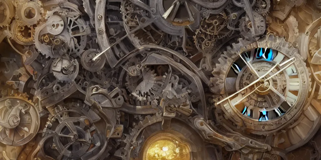 Prompt: the gears of a complex mechanical clock, extremely detailed oil painting, unreal 5 render, rhads, Bruce Pennington, Studio Ghibli, tim hildebrandt, digital art, octane render, beautiful composition, trending on artstation, award-winning photograph, masterpiece