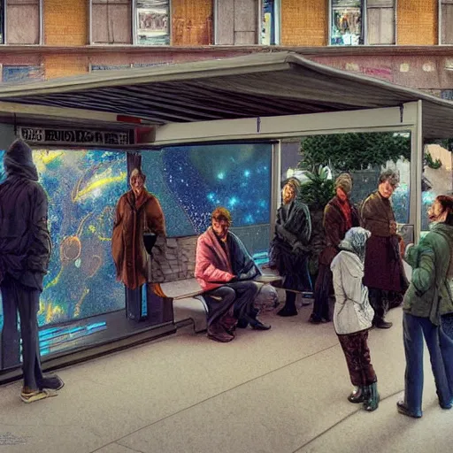 Prompt: people waiting in bus stop, by moebius, yukito kishiro, barclay shaw, octane rendered with cinematic light by karol bak and monge and rutkowsky