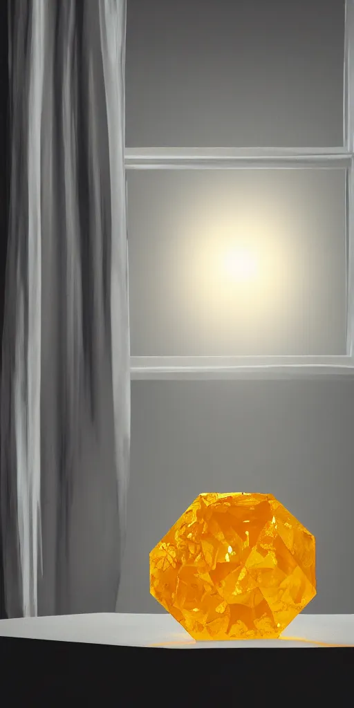 Prompt: a giant orange and yellow crystal on a white table near a window at sunset, hyperrealistic, highly detailed, high qualit, 8K, godrays, warm lighting, path traced, high coherence, calm, macro photo, symmetrical, photorealistic, low contrast, serene landscape, beautiful, geometric