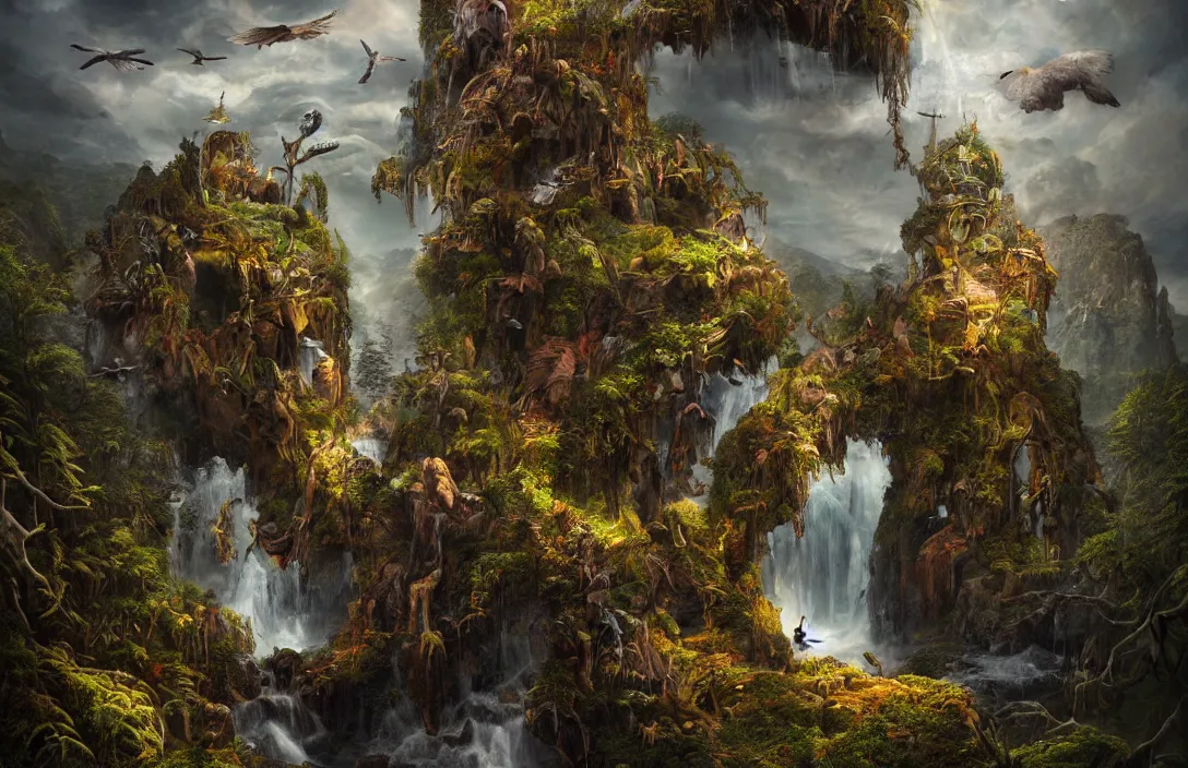 Image similar to a hymn of beautiful mysthic landscape and a huge skull overgrown, in the style of dylan cole, martin dechambault, detailed dreamscape, hyperreal phantastic, intricate details in environment, golden ratio, high aestehtic, waterfalls and lakes, cinematic light dramatic light, lightrays, flying birds in distance, trending on artstation