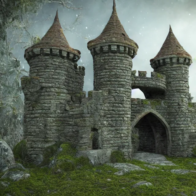 Prompt: a beautiful realistic detailed castle carved in a stone, gate, surreal, surrounded by mold and moss, photorealistic, octane render, volumetric lighting, 8 k, cinematic lighting, hd