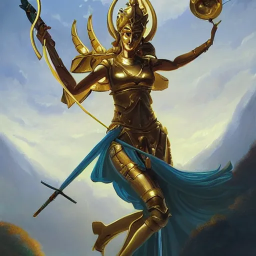 Image similar to Athena of Abyssinia in gold, defeats Chronos with throwing disc, by Peter Mohrbacher:5 Trending on Artstation:5