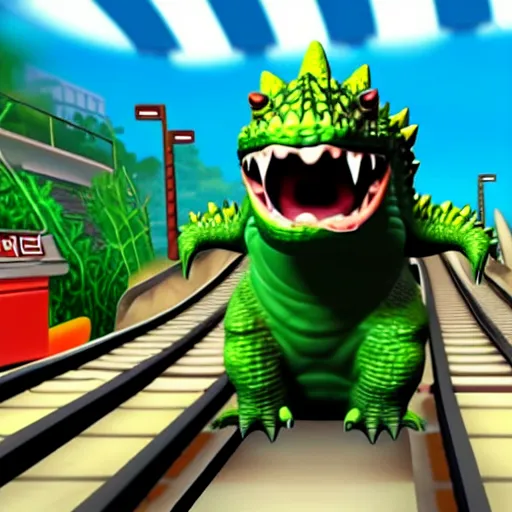 Image similar to small Godzilla running in Subway surfer, in-game shot, coherent like Dall-E 2