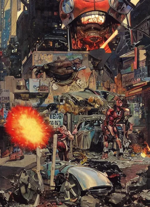 Image similar to huge cyclops in futuristic metal armour smashes up cars in new york street, by norman rockwell and jason fabok and tom lovell and frank schoonover and jack kirby and alex ross