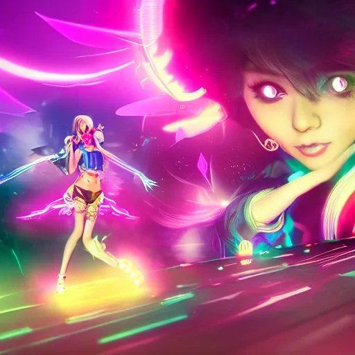 Image similar to a girl like (jinx, Princess peach), dancing, background jet ground radio, kpop, fullshot, raytrayced, octane render,volumetric lighting, epic composition, intricate details, dark neon punk, by KDA