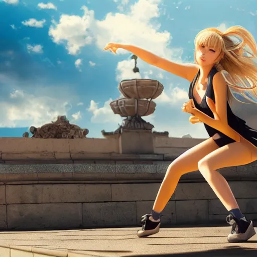 Prompt: blonde - haired princess, anime princess, wearing skinsuit, action pose, parkour, plaza, greco - roman pillars, golden hour, partly cloudy sky, sepia sun, strong lighting, strong shadows, vivid hues, ultra - realistic, sharp details, subsurface scattering, intricate details, hd anime, 2 0 1 9 anime