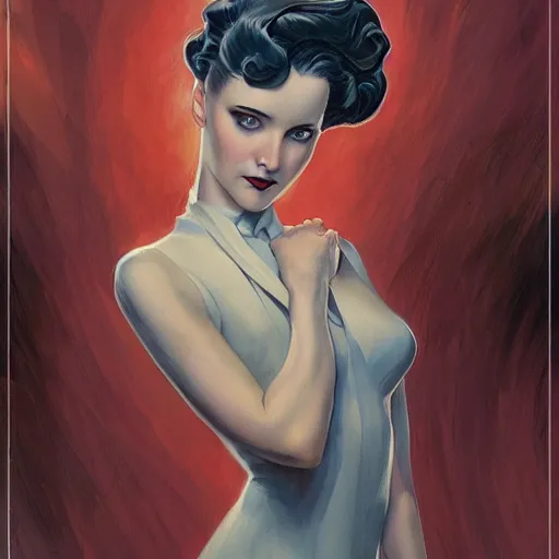 Image similar to a streamline moderne, ( art nouveau ), ( ( dieselpunk ) ) portrait in the style of charlie bowater, and in the style of donato giancola, and in the style of charles dulac. symmetry, ultrasharp focus, dramatic lighting, semirealism, intricate symmetrical ultrafine background detail.