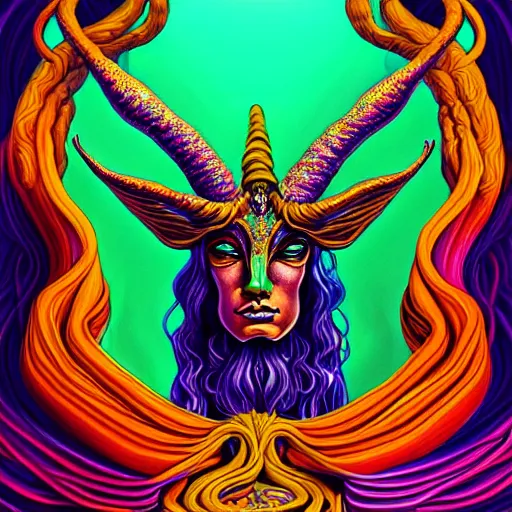 Prompt: an extremely psychedelic portrait of baphomet as medusa, surreal, lsd, face, detailed, intricate, elegant, lithe, highly detailed, digital painting, artstation, concept art, smooth, sharp focus, illustration