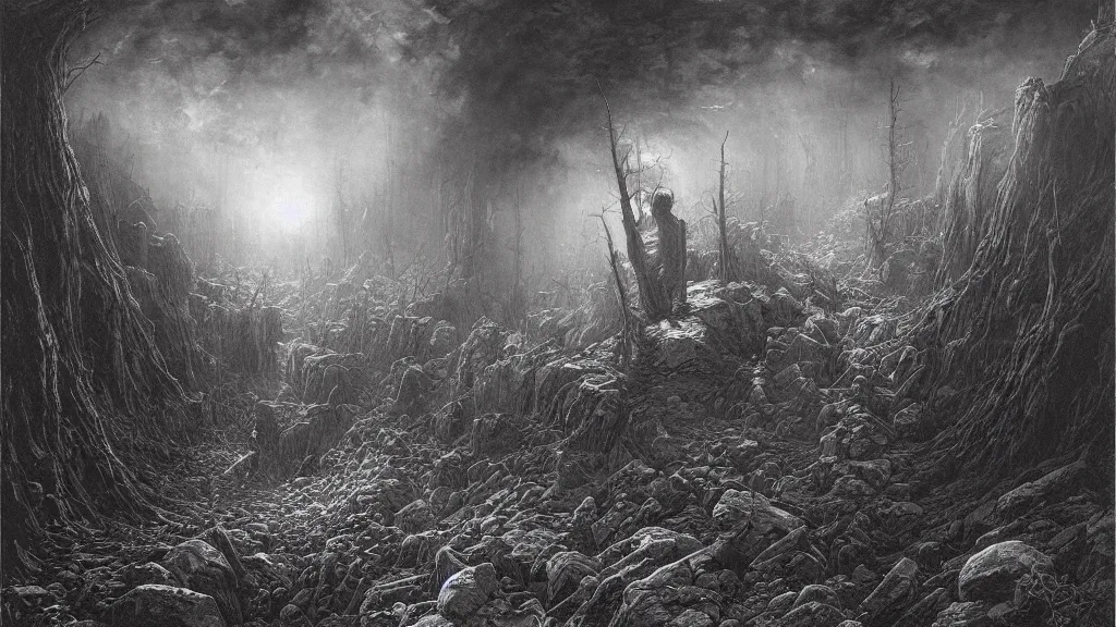 Prompt: the vanishing of ethan carter by gustave dore, james ryman, wayne barlowe. deep rich color