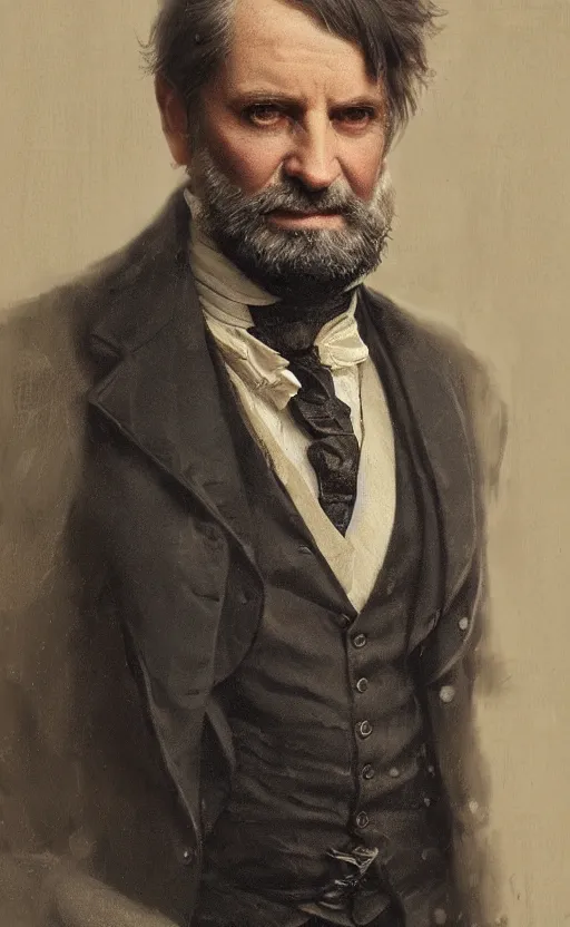 Prompt: Portrait of middle aged victorian gentleman wearing a waistcoat, male, detailed face, 19th century, highly detailed, cinematic lighting, digital art painting by greg rutkowski