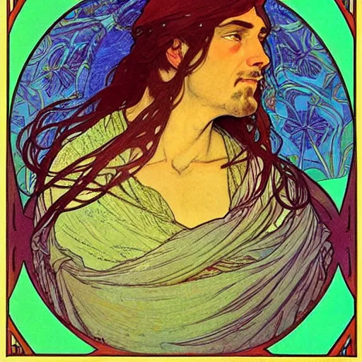 Image similar to “colorfull artwork by Franklin Booth and Alphonse Mucha and Moebius showing a portrait of Jesus riding a dinosaur”