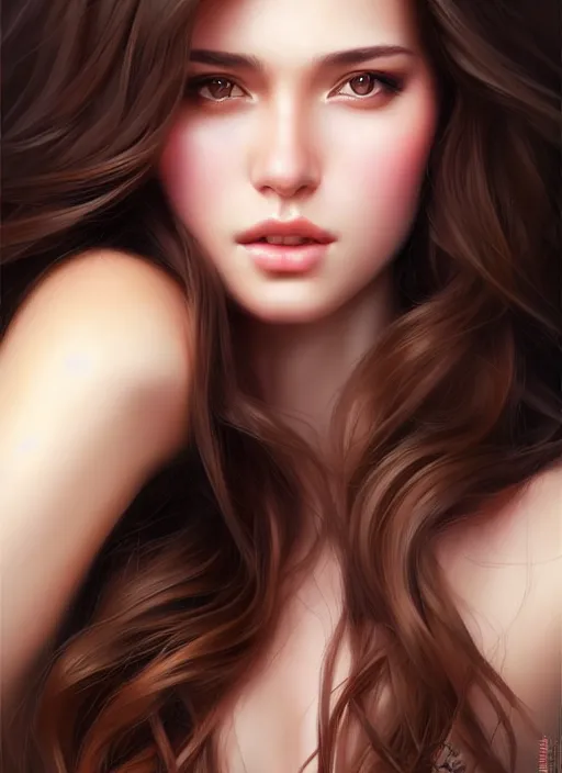 Image similar to a gorgeous female with long brown hair in the style of stefan kostic, intimate, realistic, full body shot, wide angle, sharp focus, 8 k high definition, insanely detailed, intricate, elegant, art by stanley lau and artgerm, floating embers