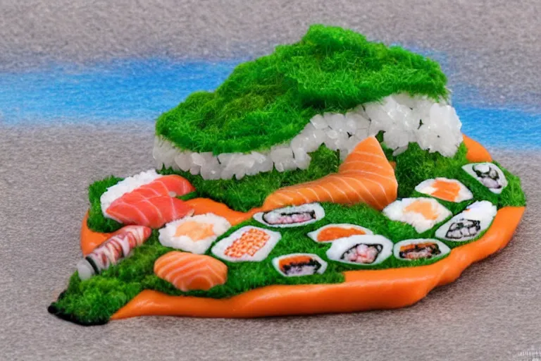 Image similar to miniature island made of sushi, diorama picture, 5 5 mm, sushi - island