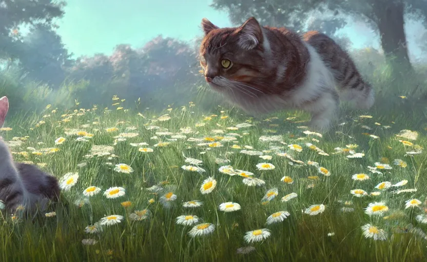 Prompt: cat and daisies, painting by craig mullins, octane rendering, soft morning lighting, wide angle lens, in the style of hayao miyazaki, trending on artstation