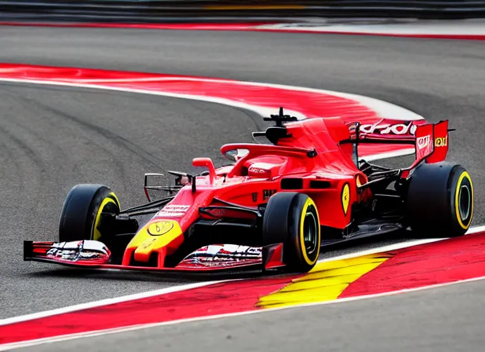 Prompt: live action photo of the 2 0 2 1 f 1 ferrari car, with clown make up livery, 8 k, hdr, sports photography